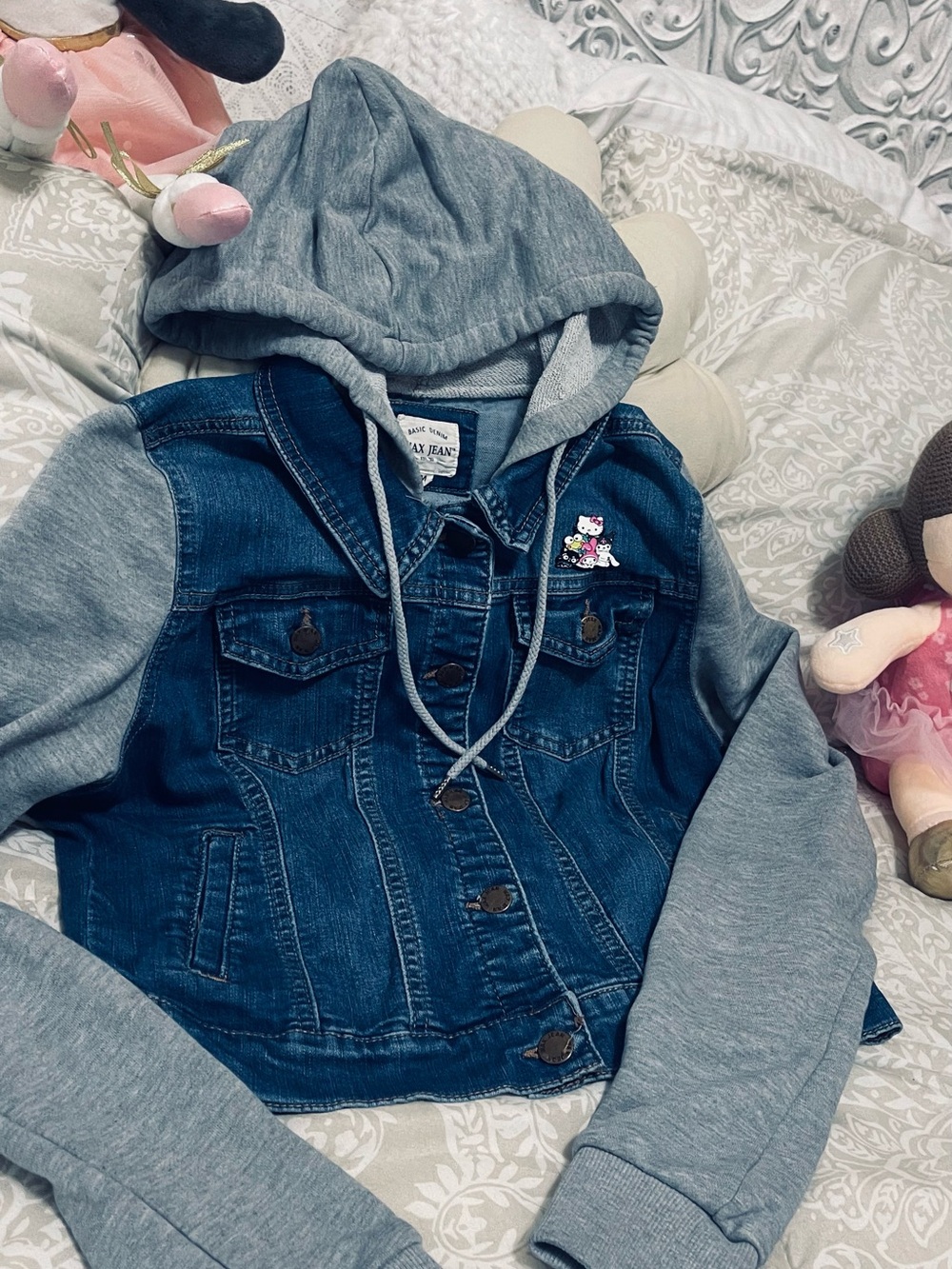 Wax Jean Blue Denim Jacket with Gray Hood & Sleeves and Hello Kitty & gang pin